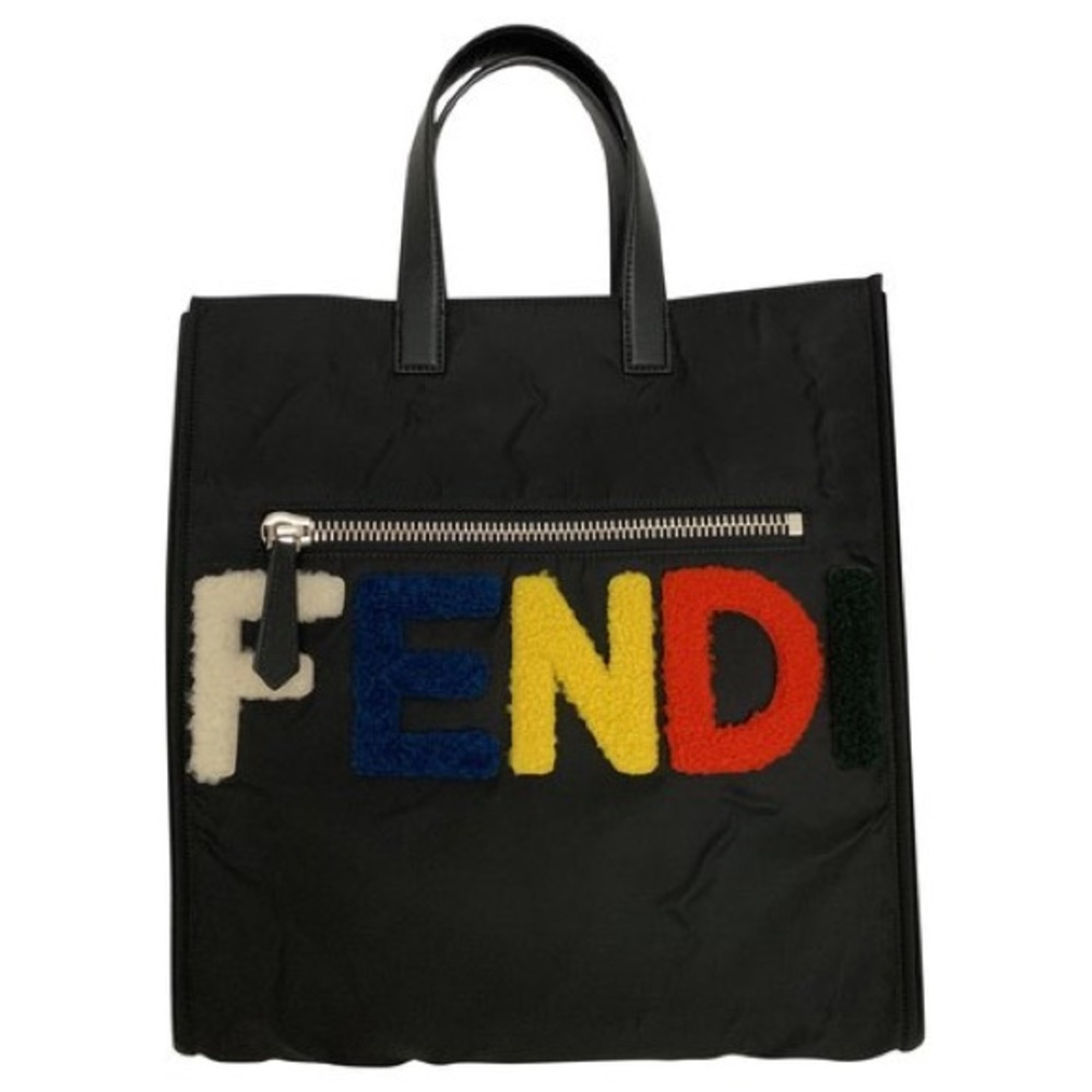 Fendi Id-ea Black Nylon Shopper Tote with Multicolor Shearling Logo RARE FENDI